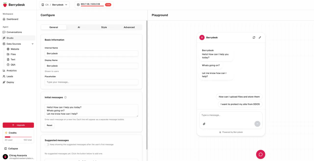 Berry Desk agent settings next to a live chat preview
